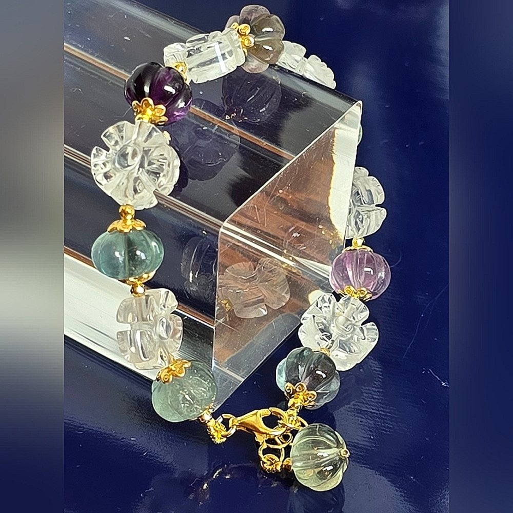 925 Sterling Silver Bracelet 7.5" with Natural Fluorite & White Quartz Gemstone